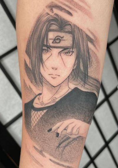 Black And Grey Itachi Uchiha Forearm Tattoo