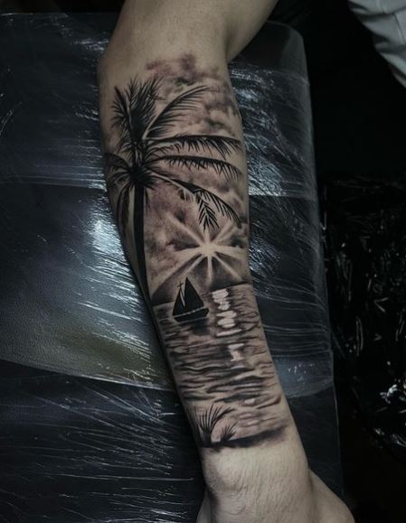 Sun, Boat and Palm Tree Forearm Tattoo