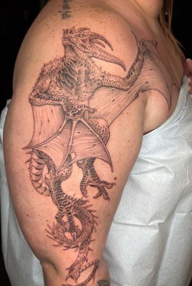 Grey Flying Dragon Arm Half Sleeve Tattoo