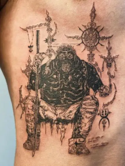 Black and Grey Dorohedoro Gothic Occult Ribs Tattoo