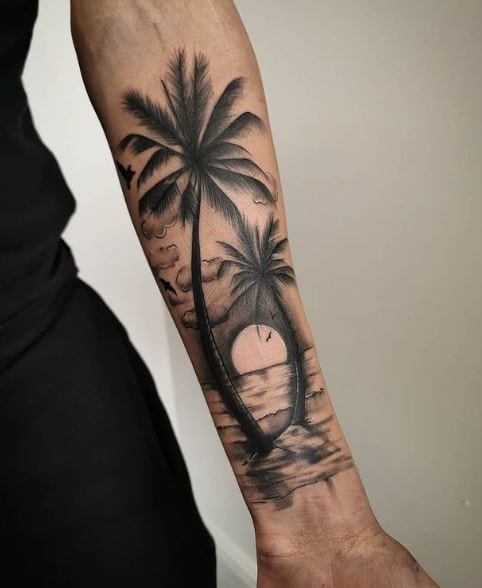 Cloudy Sky and Palm Trees Forearm Tattoo