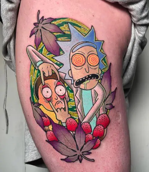 Strawberries and Rick Opening Morty’s Eyes Thigh Tattoo