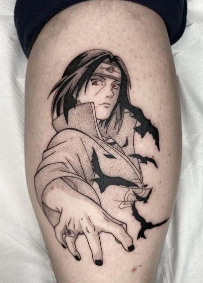 Black And Grey Crows and Itachi Uchiha Calf Muscle Tattoo