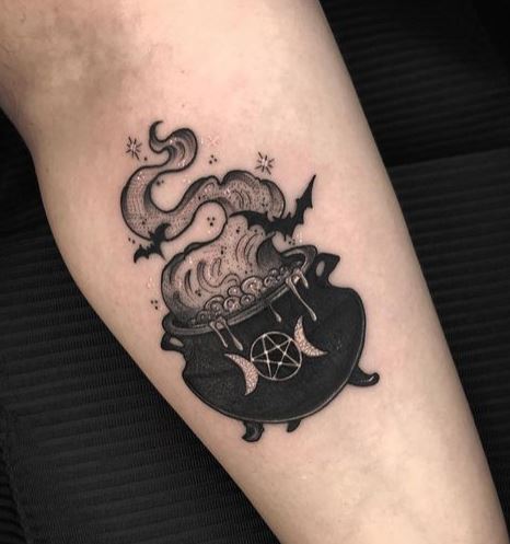 Black Bats and Gothic Occult Kettle Forearm Tattoo