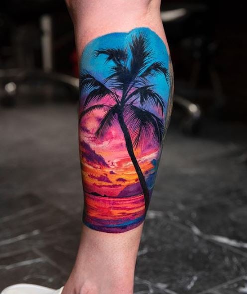 Colorful Sunset and Palm Tree Calf Tattoo