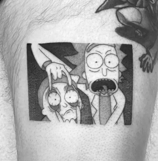 Black and Grey Rick Opening Morty’s Eyes Thigh Tattoo