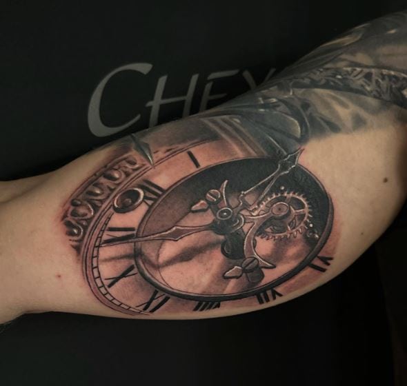 Clock with Mechanism and Roman Numbers Inner Biceps Tattoo