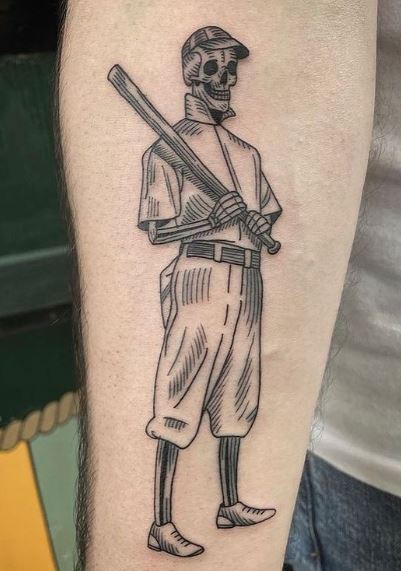 Skeleton Baseball Player Forearm Tattoo