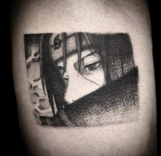 Black And Grey Itachi Uchiha Leg Tattoo