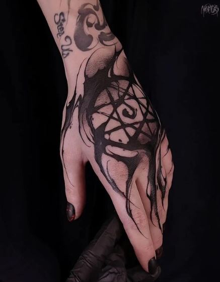 Black Gothic Occult Symbols Hand Tattoo
