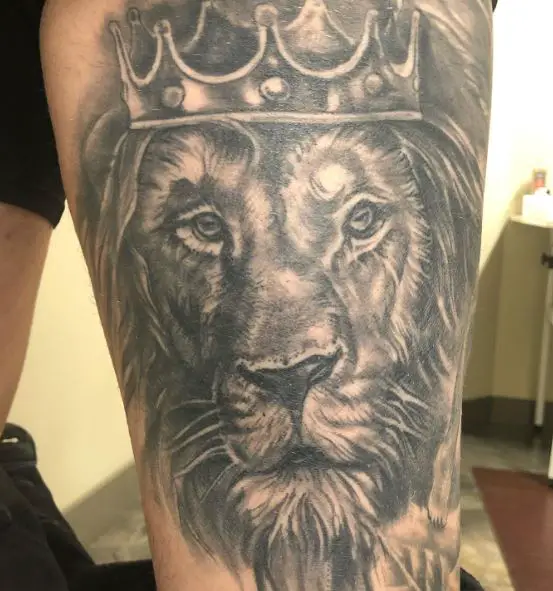 Lion of Judah with Crown Thigh Tattoo