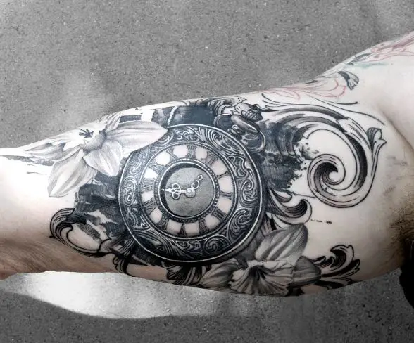 Black and Grey Flowers and Clock Inner Biceps Tattoo