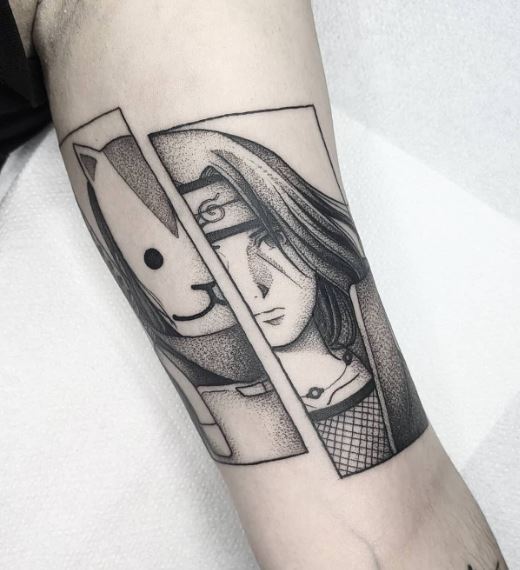 Black And Grey Anbu and Itachi Uchiha Biceps Tattoo