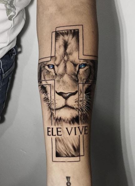 Cross and Lion of Judah Forearm Tattoo