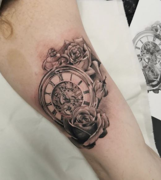 Roses and Pocket Watch Inner Biceps Tattoo