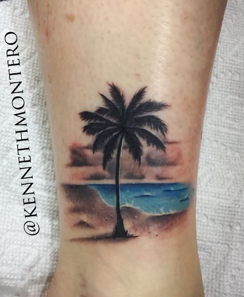 Blue Ocean and Palm Tree Leg Tattoo