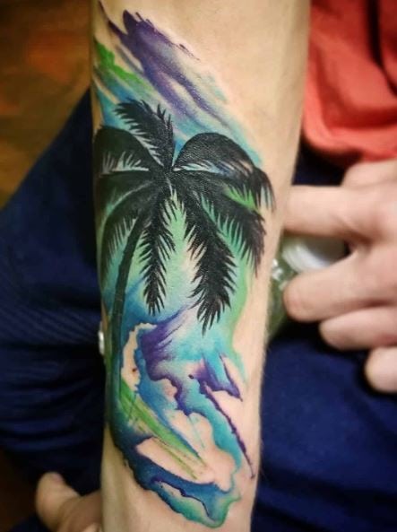 Colorful Sky and Palm Tree Forearm Tattoo