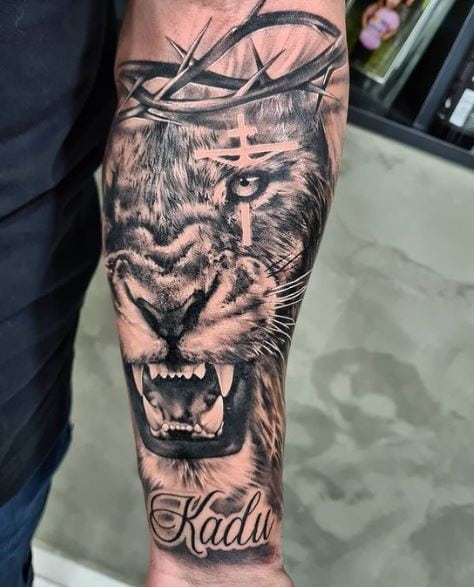 Lion of Judah with Thorns Crown Forearm Tattoo