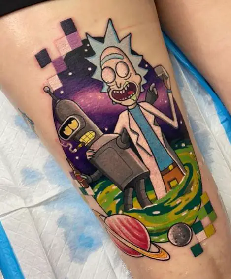 Colorful Robot and Rick Pops Out from a Portal Thigh Tattoo
