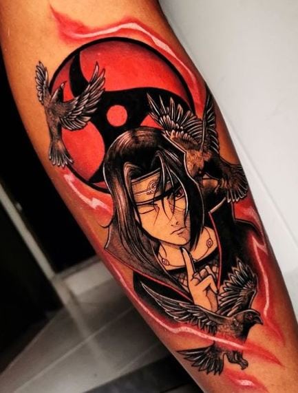 Crows and Colorful Itachi Uchiha Leg Tattoo