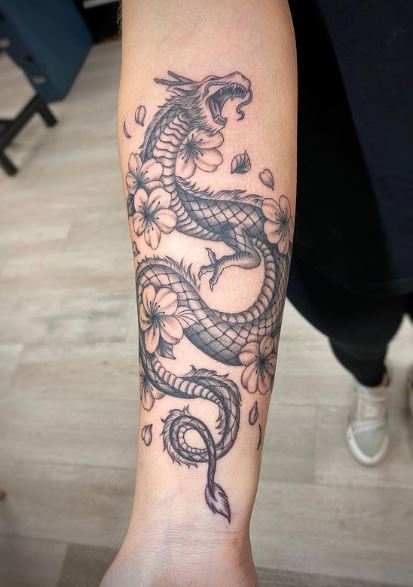 Flowers and Dragon Forearm Half Sleeve Tattoo