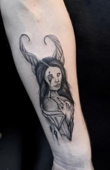 Black and Grey Gothic Girl Forearm Tattoo