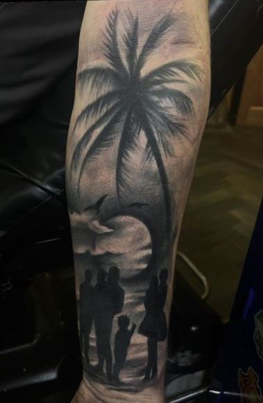 Sun, Family and Palm Tree Forearm Tattoo