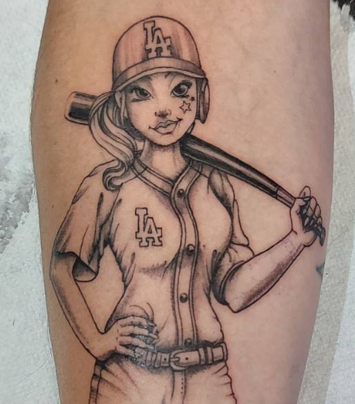 Black and Grey Girl Baseball Player Arm Tattoo