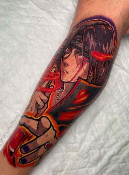 Colorful Itachi Uchiha Leg Sleeve Tattoo