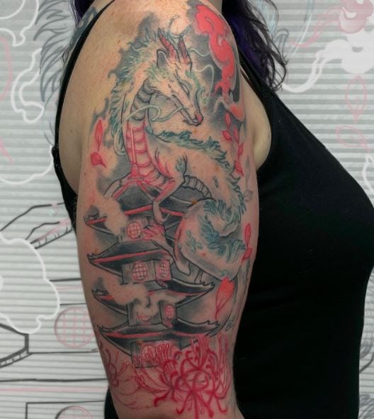 Colored Temple and Dragon Arm Half Sleeve Tattoo