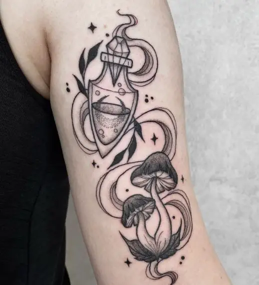 Mushrooms and Witch Potion Arm Tattoo