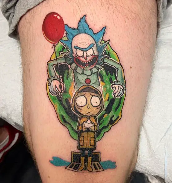 Stephen King IT and Rick and Morty Thigh Tattoo