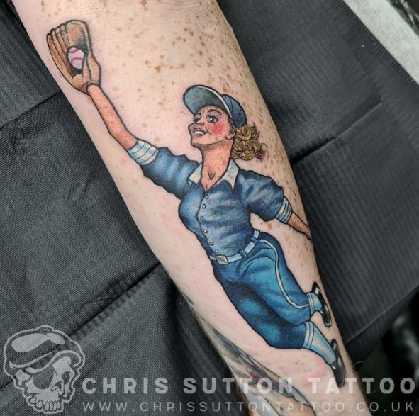 Woman Baseball Player Catching the Ball Forearm Tattoo