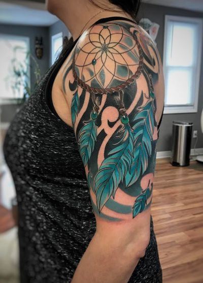 Colored Dreamcatcher Arm Half Sleeve Tattoo