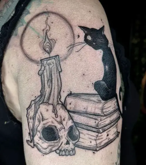 Skull with Candle and Gothic Cat Arm Tattoo