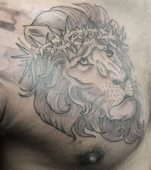 Lion of Judah with Thorns Crown Chest Tattoo