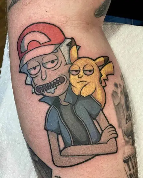 Pokemon and Rick Sanchez Leg Tattoo