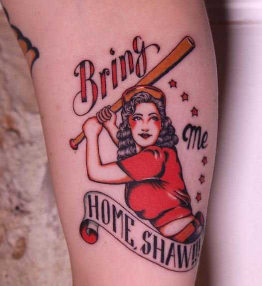 Woman Baseball Player with Bat Arm Tattoo