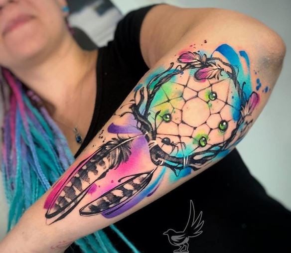 Colorful Dreamcatcher Forearm Sleeve Tattoo