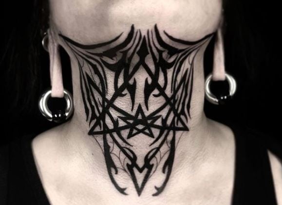 Black Gothic Occult Symbols Throat Tattoo