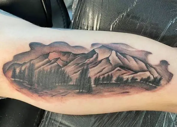Shaded Mountain Landscape Inner Biceps Tattoo