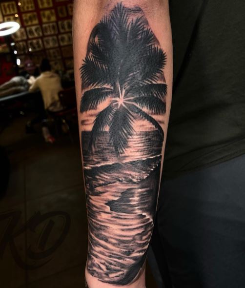 Ocean Waves and Palm Tree Forearm Tattoo