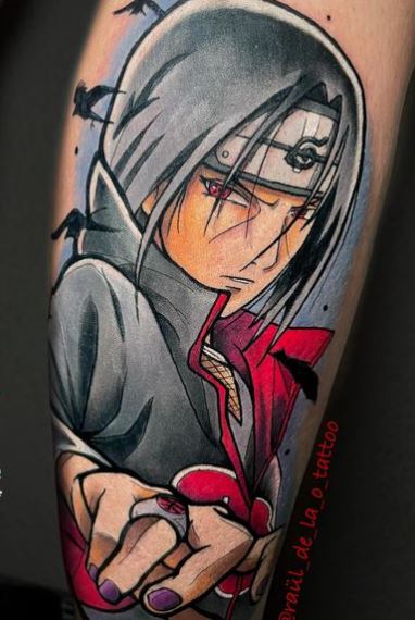 Colorful Itachi Uchiha Leg Tattoo