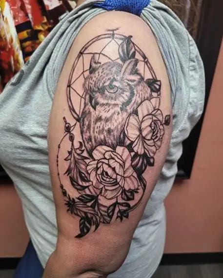 Dreamcatcher with Owl and Flowers Arm Half Sleeve Tattoo