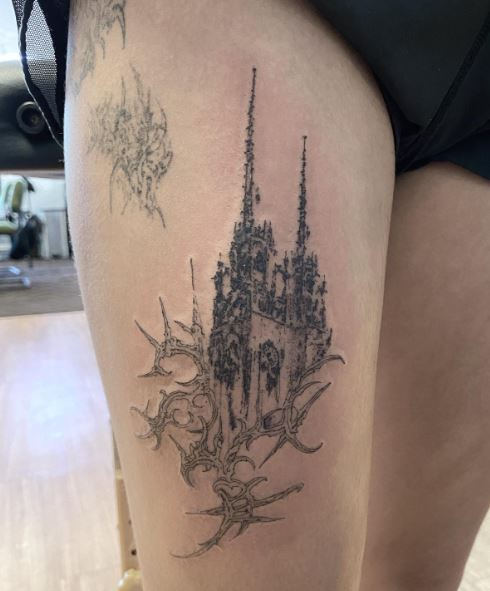 Black and Grey Gothic Castle Thigh Tattoo