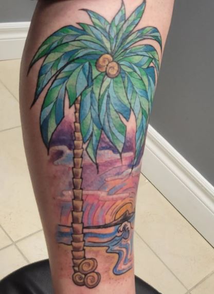 Colorful Ocean Landscape and Palm Tree with Acorns Leg Tattoo