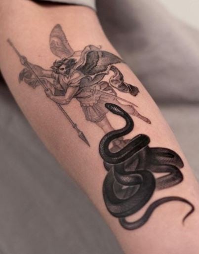 Black Snake and Archangel Michael Forearm Tattoo