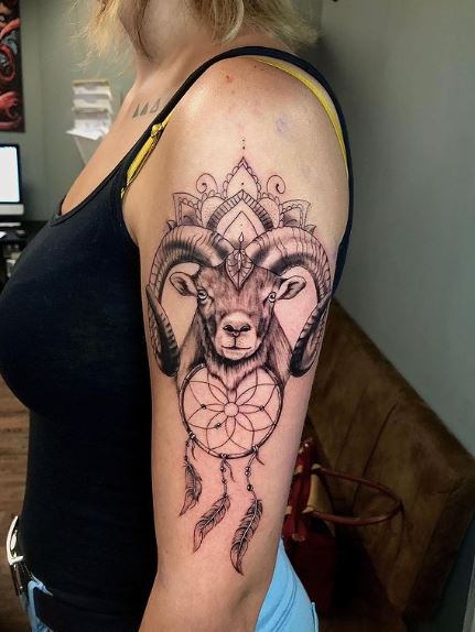 Dreamcatcher with Mandala and Goat Arm Half Sleeve Tattoo