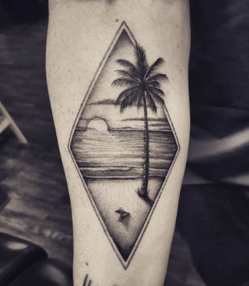 Black and Grey Sunset and Palm Tree on the Beach Forearm Tattoo