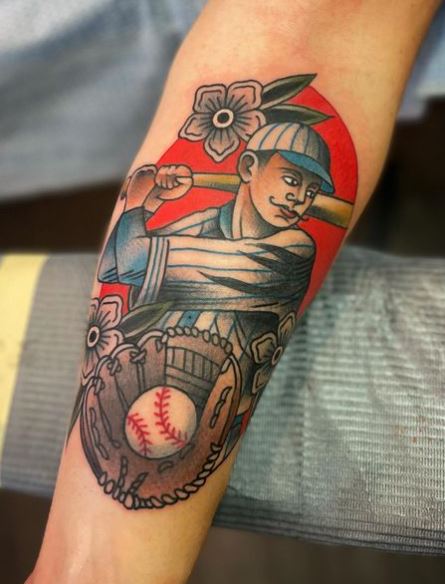 Traditional Flowers and Baseball Player Forearm Tattoo